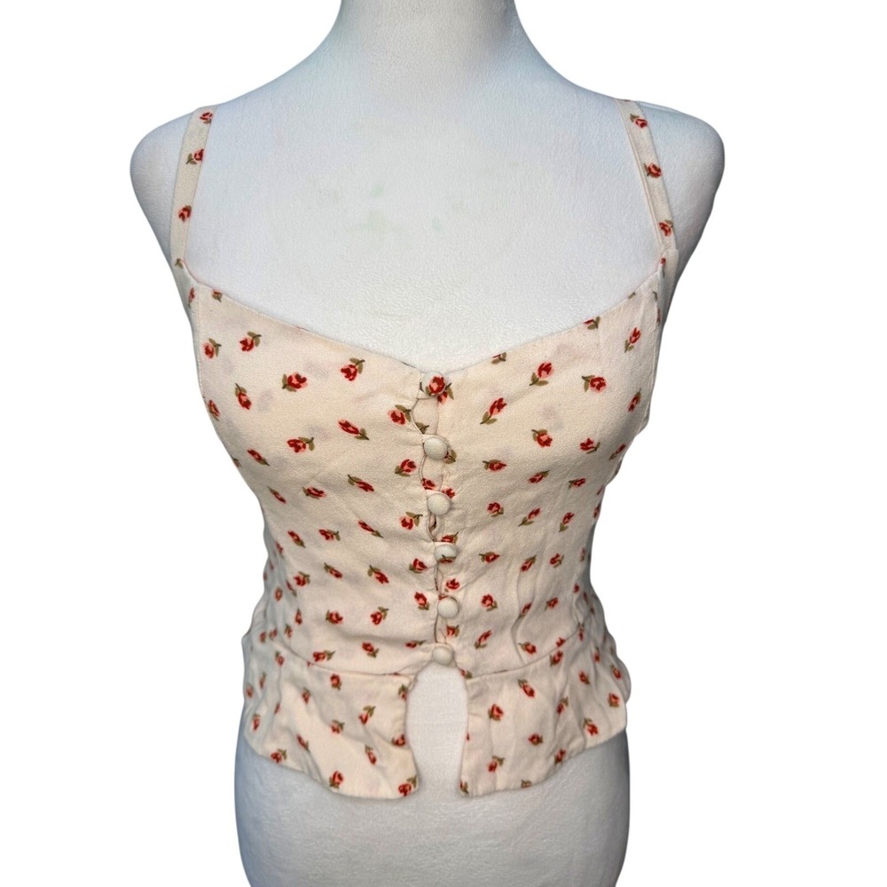 Reformation Floral Button Front Peplum Camisole Top Cream Red 8 cottage romantic